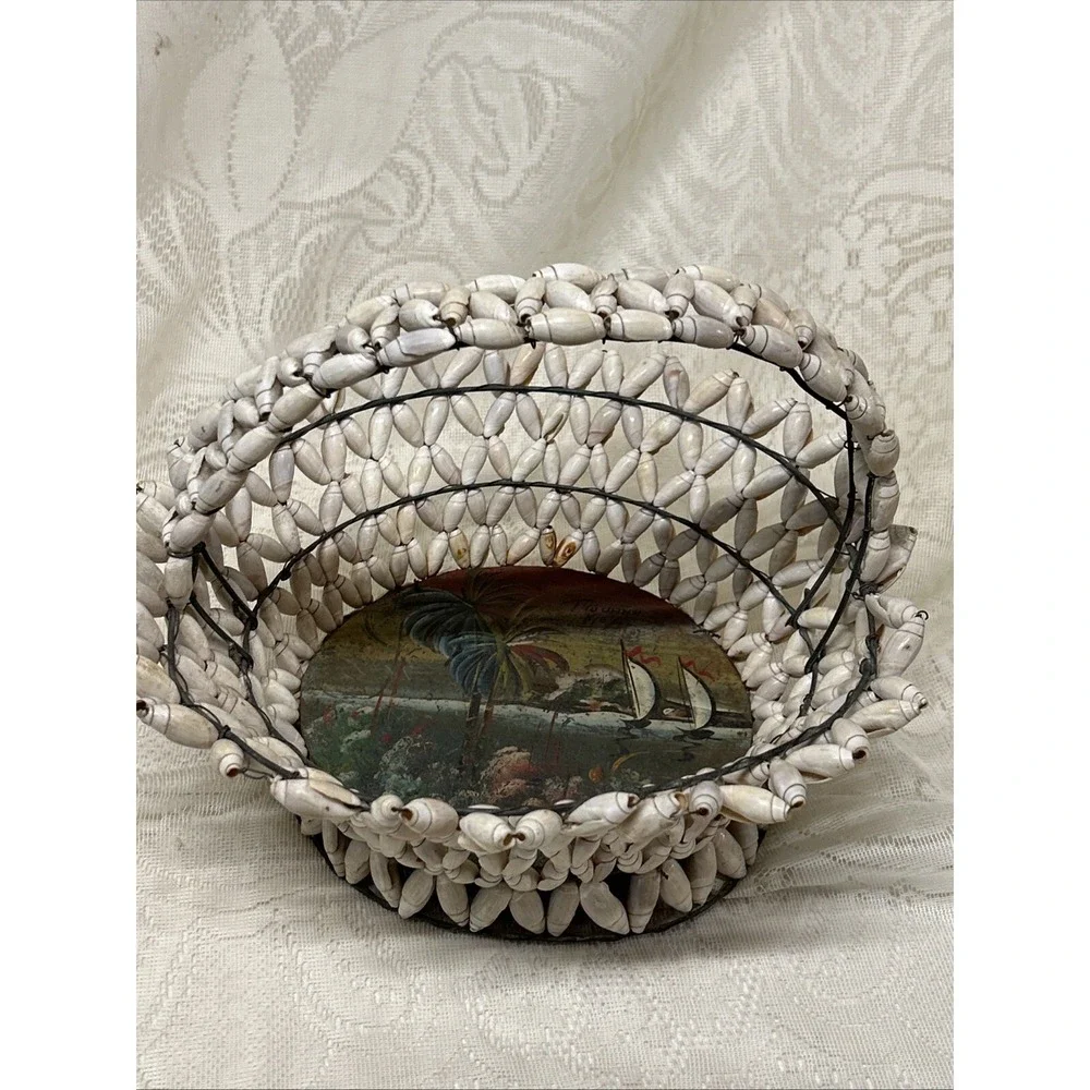 Vintage Antique Snail Shell Basket Souvenir Tijuana Mexico  Hand‎ Painted Metal